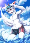 2018 5_fingers absurd_res anthro bottomwear bulge clothed clothing cloud eyewear eyewear_on_head fingers fur goggles goggles_on_head hi_res ivan-jhang male mammal muscular muscular_anthro muscular_male open_mouth sea sky summer topless topless_anthro topless_male water white_body white_fur 