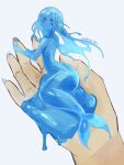  1girl 1other blue_eyes blue_hair blue_sclera blue_skin closed_mouth colored_sclera colored_skin completely_nude highres in_palm looking_at_viewer mermaid minigirl monster_girl nude ruteko_(ruko220) simple_background slime_girl solo_focus twitter_username white_background 