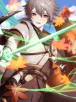  1boy absurdres autumn_leaves bandaged_arm bandaged_hand bandages bangs black_gloves cloud commentary_request day ebibi_chiriri fingerless_gloves genshin_impact gloves glowing glowing_sword glowing_weapon grey_hair hair_between_eyes highres holding holding_sword holding_weapon japanese_clothes kaedehara_kazuha leaf leaf_print looking_at_viewer male_focus outdoors parted_lips ponytail red_eyes red_hair sky solo sword tree weapon 