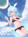  1girl :d absurdres arm_up arona_(blue_archive) ball beachball bikini black_bikini blue_archive blue_hair blush bow cloud commentary_request frilled_bikini frills fubuki_rinne hair_bow hair_over_one_eye halo highres navel open_mouth outdoors revision ribbon short_hair sky smile solo swimsuit thighs wading water 