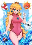  1girl angry_sun blonde_hair blooper_(mario) blue_eyes blush breasts brooch cheep_cheep commentary covered_navel crown dripping earrings frilled_swimsuit frills gloves highres jewelry large_breasts long_hair mario mario_(series) narrow_waist one-piece_swimsuit open_mouth pale_skin pink_one-piece_swimsuit princess_peach swimsuit thighs wakaba_(wata_ridley) water wet white_gloves wide_hips 