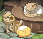 animal_focus backpack backpack_removed bag bird chick desk fantasy file_cabinet glasses hachiya_shohei highres holding indoors no_humans original scroll shirt snail stairs standing toad_(animal) white_shirt 