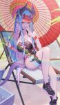  1girl absurdres aqua_hair black_one-piece_swimsuit body_markings breast_cutout cleavage_cutout clothing_cutout colored_skin fate/grand_order fate_(series) grey_skin highleg highleg_swimsuit highres horns ibuki_douji_(fate) ibuki_douji_(swimsuit_berserker)_(fate) ibuki_douji_(swimsuit_berserker)_(first_ascension)_(fate) looking_at_viewer multicolored_hair multiple_horns oil-paper_umbrella one-piece_swimsuit oni oni_horns pink_hair pink_headwear pink_one-piece_swimsuit red_eyes sawarineko smile solo swimsuit two-tone_hair two-tone_swimsuit umbrella visor_cap 