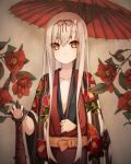  1girl bow closed_mouth club_(weapon) dot_mouth dot_nose eyeshadow flower grey_hair highres hiiragi_hazime holding holding_umbrella horns japanese_clothes kanabou kimono long_hair looking_at_viewer makeup oil-paper_umbrella original pointy_ears red_flower red_kimono sash single_horn standing umbrella weapon yellow_bow yellow_eyes yellow_sash 