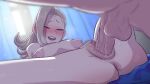  1boy 1girl :d absurdres anus asymmetrical_bangs bangs bed_sheet blonde_hair blue_eyes blurry blurry_background blurry_foreground blush boku_no_hero_academia breasts bright_pupils clitoral_hood clitoris completely_nude curtains dutch_angle english_commentary female_pubic_hair greatm8 hetero highres indoors large_breasts long_hair looking_down nipples nude penis photoshop_(medium) pixie-bob_(boku_no_hero_academia) pubic_hair pussy pussy_juice pussy_juice_trail reclining round_teeth sex short_eyebrows sitting smile source_filmmaker_(medium) spread_anus spread_legs teeth testicles tsurime uncensored upper_teeth vaginal white_pupils window 