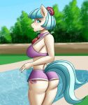  anthro anthrofied big_butt blue_hair blush bottomwear breasts butt clothing coco_pommel_(mlp) equid equine female friendship_is_magic hair hasbro hi_res mammal my_little_pony shorts solo swimming_pool zachc 