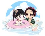  1boy 1girl absurdres ball beachball bikini black_hair butterfly_hair_ornament checkered_clothes closed_mouth earrings hair_ornament highres innertube jewelry kamado_tanjirou kimetsu_no_yaiba long_hair open_mouth ponytail pori_(kmt_pori) purple_eyes red_eyes red_hair smile swimsuit tsuyuri_kanao 