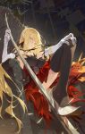  1girl absurdres animal_ears bangs bare_shoulders black_thighhighs blonde_hair blurry blurry_foreground breasts chair dress elbow_gloves from_below gloves hair_between_eyes hand_on_own_knee high_heels highres holding holding_sword holding_weapon hxxg kiss-shot_acerola-orion_heart-under-blade knee_up large_breasts looking_at_viewer monogatari_(series) off-shoulder_dress off_shoulder on_chair red_dress short_hair silver_footwear sitting solo swept_bangs sword thighhighs very_short_hair weapon white_gloves yellow_eyes 