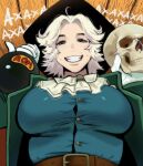  1girl aa2mee ascot belt breasts bursting_breasts coat david_livesey genderswap genderswap_(mtf) green_coat green_eyes grin hair_intakes hat highres large_breasts simple_background skull smile solo treasure_island tricorne upper_body white_hair 