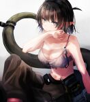  1girl arknights bare_arms bare_shoulders black_hair black_pants blue_eyes breasts camisole cleavage commentary crop_top eunectes_(arknights) eunectes_(forgemaster)_(arknights) gradient gradient_background highres jio_(baku_zugogo) large_breasts midriff official_alternate_costume pants pointy_ears short_hair sitting snake_tail spaghetti_strap stomach sweat tail tool_belt wiping_sweat 