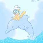  1:1 blue_line_art cetacean cloud delphinoid domestic_cat esp_kitty_(osomatsu-san) eyewear felid feline felis feral fur glasses lunarpanda8686 male mammal marine open_mouth orange_body orange_fur outside sailor_hat sea simple_background sky smile solo splash toothed_whale water whiskers 