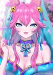  1girl :d ahri_(league_of_legends) animal_ears bangs bare_shoulders blurry blurry_background breasts cleavage collarbone fox_ears green_eyes green_ribbon hair_between_eyes hair_ribbon hand_up highres japanese_clothes kanaminemu kimono large_breasts league_of_legends long_hair nail_polish open_mouth pink_hair pink_nails ribbon shiny shiny_hair smile solo spirit_blossom_ahri whiskers 