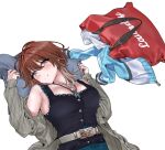  1girl aketa_mikoto armpits belt_buckle black_shirt blush breasts brown_hair buckle coat gradient_hair grey_coat hamedoragon holding holding_pillow idolmaster idolmaster_shiny_colors implied_sex jacket jacket_removed jewelry large_breasts light_brown_hair looking_at_viewer multicolored_hair necklace pillow ribbed_coat shirt simple_background sleeveless sleeveless_shirt solo track_jacket upper_body 