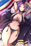  1girl absurdres bangs bikini black_bikini black_cape black_gloves breasts cape facial_mark fate/grand_order fate_(series) forehead_mark fur-trimmed_cape fur_trim gloves grimmelkin half_gloves highres large_breasts long_hair lying navel on_back parted_bangs red_eyes side-tie_bikini_bottom solo swimsuit twintails very_long_hair wu_zetian_(fate) wu_zetian_(swimsuit_caster)_(fate) wu_zetian_(swimsuit_caster)_(third_ascension)_(fate) 