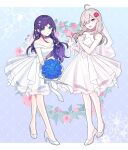  2girls :3 ahoge aiba_uiha bare_shoulders blue_eyes blue_flower blue_hair blue_rose bouquet bow braid breasts closed_mouth collarbone commentary_request dress dress_bow earrings flower full_body grey_hair hair_bow hair_flower hair_ornament hair_over_one_eye high_heels highres holding holding_bouquet jewelry lace-trimmed_cuffs long_hair looking_at_viewer medium_breasts multiple_girls nijisanji off-shoulder_dress off_shoulder pink_eyes red_flower red_rose rose shoes smile strapless strapless_dress sukoya_kana veil virtual_youtuber waka_(wk4444) wedding_dress white_bow white_footwear wrist_cuffs 