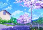  absurdres blue_sky building chain-link_fence cherry_blossoms cloud commentary_request day fence flower grass highres house lamppost no_humans original power_lines richtsu road road_sign scenery shadow sign sky tree utility_pole 