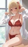 1girl blonde_hair blush bra breasts cleavage dress_shirt floral_print grin hair_ribbon hands_up highres holding indoors lace-trimmed_bra lace-trimmed_panties lace_trim large_breasts leaf98k long_sleeves looking_at_viewer lycoris_recoil navel nishikigi_chisato one_side_up open_clothes open_shirt panties red_bra red_eyes red_panties red_ribbon ribbon see-through shirt short_hair sitting skindentation smile solo stomach teeth thighs underwear white_shirt window 