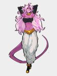  1girl android_21 arms_behind_back arms_up black_footwear black_gloves black_sclera black_tube_top breasts choker colored_sclera colored_skin commentary_request dragon_ball dragon_ball_fighterz dragon_ball_z female_majin gloves harem_pants kemachiku majin_android_21 midriff navel pants pink_hair pink_skin pointy_ears red_eyes small_breasts solo spiked_hair strapless tail tube_top white_hair white_pants yellow_choker 