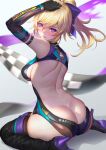  1girl alternate_costume arm_strap arm_up ass back bare_back black_thighhighs blonde_hair blurry blurry_background blush bodysuit boots breasts brick_(atelier_brick) butt_crack checkered_flag elbow_gloves flag genshin_impact gloves grin hand_on_own_head high_heels jean_(genshin_impact) long_hair median_furrow medium_breasts parted_lips ponytail purple_eyes race_queen shoulder_blades sitting smile solo text_print thigh_boots thighhighs thighs wariza 