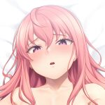  1girl blush completely_nude hair_between_eyes hiiragi_hazime looking_at_viewer louise_francoise_le_blanc_de_la_valliere lying nude on_back parted_lips pink_hair purple_eyes solo zero_no_tsukaima 