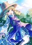  1girl :d absurdres animal_print bangs beekan blonde_hair blue_sky blunt_bangs commentary_request feet_out_of_frame frog_print hat highres long_sleeves looking_at_viewer medium_hair moriya_suwako open_mouth outdoors purple_skirt purple_vest shirt skirt sky smile solo touhou turtleneck vest water white_shirt wide_sleeves yellow_eyes 