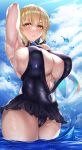  1girl absurdres alternate_breast_size annoyed arm_behind_head armpits artoria_pendragon_(alter_swimsuit_rider)_(fate) artoria_pendragon_(alter_swimsuit_rider)_(first_ascension)_(fate) artoria_pendragon_(fate) ball beachball bikini blue_sky breasts cameltoe covered_navel curvy fate/grand_order fate_(series) food frilled_bikini frills highres hirasawa_seiji huge_breasts long_hair ocean parted_lips popsicle sky summer sunlight swimsuit thighs tsundere wading water_drop yellow_eyes 