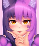  1girl :3 :p absurdres animal_ear_fluff animal_ears bangs blush cat_ears cat_girl cheshire_cat_(monster_girl_encyclopedia) chin_on_palm_challenge commentary english_commentary hair_between_eyes heart heart_in_eye highres long_hair looking_at_viewer meme monster_girl_encyclopedia multicolored_hair orange_eyes pink_hair portrait pov pov_hands purple_hair smile solo_focus symbol_in_eye tongue tongue_out two-tone_hair wlper 