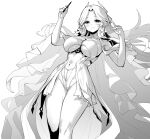  1girl arm_up azur_lane azur_lane:_slow_ahead bangs blush breasts brest_(azur_lane) closed_mouth emphasis_lines greyscale hand_up highres hori_(hori_no_su) large_breasts long_hair monochrome official_art parted_bangs smile underboob very_long_hair 