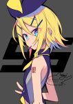  aqua_eyes artist_name back bare_shoulders black_bow black_star_(module) blonde_hair bow eyes_visible_through_hair hair_ornament hairclip highres kagamine_rin kodoku_no_hate_(vocaloid) looking_at_viewer midriff mouth_hold narrow_waist necktie negi_(ulog&#039;be) number_tattoo project_diva project_diva_(series) short_hair short_necktie shoulder_tattoo sideways_glance signature skinny sleeveless_blazer tattoo tsurime turning_head two-tone_bow v vocaloid yellow_necktie 