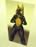  2018 anthro anthro_to_inanimate blue_eyes breasts canid canine canis clenched_teeth digital_media_(artwork) female hair hi_res immelmann inanimate_transformation jackal living_clothing mammal solo story story_in_description suit_transformation surprise teeth transformation yellow_nose zipper 