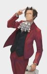  1boy ace_attorney ascot bangs barcy brown_eyes brown_hair closed_mouth formal grey_background hand_up highres holding holding_paper light_smile long_sleeves looking_at_viewer male_focus miles_edgeworth pants paper red_pants red_suit short_hair simple_background solo standing suit vest 