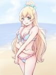 1girl :d aikatsu!_(series) aikatsu_stars! bare_arms beach bikini blonde_hair blue_bikini blue_bow bow breasts cleavage collarbone day frilled_bikini frills front-tie_bikini green_eyes hair_bow highres long_hair looking_at_viewer ocean ogry_ching open_mouth shiratori_hime sketch small_breasts smile solo standing swimsuit very_long_hair 
