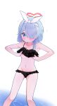  1girl adjusting_clothes adjusting_swimsuit arona_(blue_archive) bikini black_bikini blue_archive blue_eyes blue_hair blush bow braid breasts frilled_bikini frills groin hair_bow hair_over_one_eye highres murairamuraiari navel ribbon short_hair small_breasts solo swimsuit thighs 