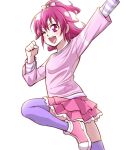  1girl ;d aida_mana arm_up bow dokidoki!_precure hair_bow heart heart_print high_ponytail layered_skirt long_sleeves medium_hair miniskirt ogry_ching one_eye_closed open_mouth pink_bow pink_footwear pink_hair pink_shirt pink_skirt pleated_skirt precure print_shirt purple_thighhighs red_eyes shiny shiny_hair shirt simple_background skirt smile solo standing striped_sleeves thighhighs white_background zettai_ryouiki 