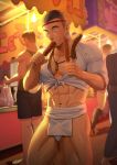  4boys abs backlighting bara black_hair blush chocolate_banana clenched_hands cowboy_shot crop_top cross-eyed eating facial_hair facing_viewer festival food food_in_mouth food_stand fundoshi goatee gorou_naoki hachimaki hair_slicked_back hands_up happi headband highres holding holding_food japanese_clothes lanyard large_pectorals leg_hair looking_at_object male_focus multiple_boys muscular muscular_male navel navel_hair nejiri_hachimaki night original outdoors paid_reward_available pectoral_cleavage pectorals phallic_symbol sausage sexually_suggestive short_hair solo_focus standing very_short_hair yamakasa 