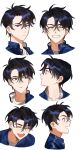  1boy black_hair blush closed_eyes closed_mouth commentary english_commentary expressions facing_viewer from_side frown gakuran hair_between_eyes high_collar highres joonghyuk_yoo looking_at_viewer male_focus omniscient_reader&#039;s_viewpoint open_mouth portrait school_uniform short_hair simple_background smile ssssyoon white_background 