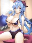  1girl absurdres ahoge alternate_breast_size arm_support bangs bare_arms bare_shoulders bikini bikini_top_only black_shorts blue_hair blurry blurry_background bottle breasts ganyu_(genshin_impact) genshin_impact hair_between_eyes hand_up highres holding holding_bottle horns indoors large_breasts long_hair looking_at_viewer navel purple_eyes short_shorts shorts smile solo stomach swimsuit thighs very_long_hair water_bottle yaomeii 