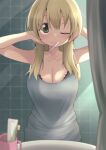  1girl adjusting_hair arms_behind_head arms_up bathroom blonde_hair breasts brown_eyes cleavage closed_mouth hidamari_sketch highres indoors large_breasts long_hair looking_at_viewer mirror miyako_(hidamari_sketch) one_eye_closed solo tennosuke_(tejons) toothbrush toothbrush_in_mouth 