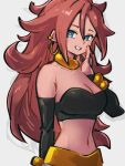  1girl android_21 bare_shoulders blue_eyes breasts choker cleavage dragon_ball dragon_ball_fighterz earrings grey_background hoop_earrings jewelry kemachiku long_hair looking_at_viewer majin_android_21 medium_breasts midriff navel red_hair simple_background smile solo yellow_choker 