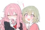  ! 2girls :d bangs black_shirt blush bow bowtie buchu14569590 character_request closed_eyes copyright_request covering_mouth dot_nose green_hair hair_between_eyes hand_up holding holding_hair korean_commentary long_hair long_sleeves multiple_girls open_mouth pink_eyes pink_hair pink_shirt red_bow red_bowtie sailor_collar shirt short_hair sidelocks simple_background sketch smile sparkling_eyes striped striped_bow striped_bowtie sweat white_background 