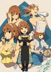  1girl :p brown_eyes brown_hair cake_batter camisole cat chef_hat chef_uniform closed_eyes cooking crying eating hair_dryer hat headband highres kobayashi_gen looking_at_viewer naked_towel open_mouth sajima_yumi school_girl_strikers shorts simple_background tongue tongue_out towel 