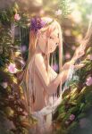  1girl abigail_williams_(fate) bangs blonde_hair blue_eyes blurry blurry_background breasts butterfly_hair_ornament commentary_request day depth_of_field fate/grand_order fate_(series) flower hair_ornament hands_up highres keyhole kinom_(sculpturesky) long_hair outdoors parted_bangs parted_lips pink_flower see-through small_breasts solo very_long_hair 