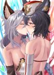  2girls absurdres animal_ear_fluff animal_ears back bare_shoulders benjamin4679 black_gloves black_hair blush braid breasts cleavage closed_eyes collarbone elbow_gloves eruna french_kiss gloves granblue_fantasy grey_hair grey_hairband hairband hat heart heles highres ilsa_(granblue_fantasy) kiss large_breasts long_hair multiple_girls red_eyes saliva short_hair single_braid strapless upper_body very_long_hair white_headwear yuri 