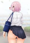  1girl ? absurdres ass bag blurry blurry_background bra_visible_through_clothes building bush clothes_lift commentary dress_shirt fate/grand_order fate_(series) from_behind highres looking_at_viewer looking_back mash_kyrielight miniskirt outdoors pleated_skirt profile purple_eyes school_bag see-through shiny shiny_hair shirt short_hair skirt skirt_lift solo the_only_shoe thighs white_shirt 