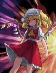  1girl ascot backlighting blonde_hair blurry blurry_background bright_pupils explosion eyebrows_hidden_by_hair fang fang_out feet_out_of_frame flandre_scarlet hat highres looking_at_viewer mob_cap red_eyes red_skirt red_vest short_sleeves skin_fang skirt solo touhou vest wings yellow_ascot zakozako_y 