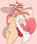  1girl :d absurdres animal_ear_fluff animal_ears animal_hands artist_name bow bracelet breasts claws cleavage commission cowboy_shot ears_through_headwear fang fate/grand_order fate_(series) female_pubic_hair fox_ears fox_girl fox_tail fur groin hair_between_eyes hat highres jewelry large_hat long_hair looking_at_viewer navel necklace nipples open_mouth pink_background pink_fur pink_hair pubic_hair pussy red_bow red_eyes simple_background smile solo striped striped_bow sun_hat tail tamamo_(fate) tamamo_no_mae_(swimsuit_lancer)_(fate) tamamo_no_mae_(swimsuit_lancer)_(third_ascension)_(fate) the_scarlet_devil two-tone_bow white_bow white_headwear 