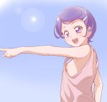  1girl :d bangs bare_arms blue_hair breasts dokidoki!_precure from_side grey_tank_top index_finger_raised kenzaki_makoto lens_flare nipples ogry_ching open_mouth precure purple_eyes shiny shiny_hair short_hair shoulder_blades small_breasts smile solo swept_bangs tank_top upper_body 