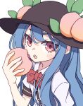  1girl absurdres black_headwear blue_hair blush_stickers buttons food food-themed_hat_ornament fruit fruit_hat_ornament hair_between_eyes hat hat_ornament highres hinanawi_tenshi holding holding_food holding_fruit kame_(kamepan44231) long_hair one-hour_drawing_challenge open_mouth peach red_eyes shirt short_sleeves simple_background solo touhou upper_body white_background white_shirt 