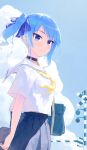  1girl bag bangs blue_eyes blue_hair blue_ribbon blue_skirt blue_sky blush choker closed_mouth cloud cloudy_sky cowboy_shot day from_side hair_ribbon highres hololive hoshimachi_suisei looking_at_viewer looking_to_the_side makimaki_makky7 neckerchief outdoors pleated_skirt railroad_crossing ribbon sailor_collar school_bag school_uniform shadow shiny shiny_hair shirt short_sleeves side_ponytail sidelocks skirt sky solo standing virtual_youtuber white_shirt yellow_neckerchief 