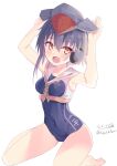  1girl absurdres asymmetrical_hair black_hair black_one-piece_swimsuit breast_cutout breasts brown_eyes brown_neckerchief clothes_writing collarbone framed_breasts hair_between_eyes hat headphones highres hizaka i-14_(kancolle) kantai_collection looking_at_viewer neckerchief old_school_swimsuit open_mouth sailor_collar school_swimsuit shirt short_hair signature sitting small_breasts smile solo swimsuit twitter_username 